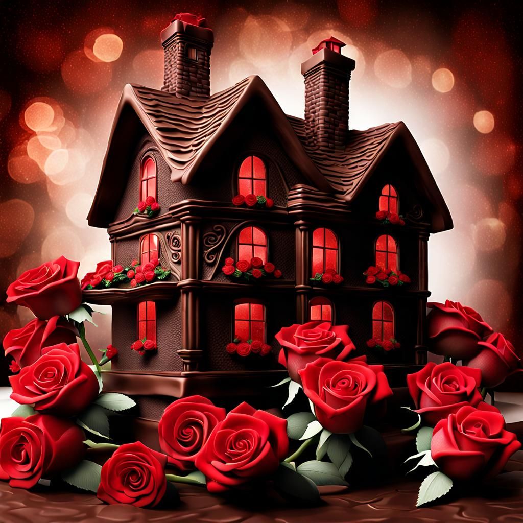 Photorealistic Chocolate House with Red Roses