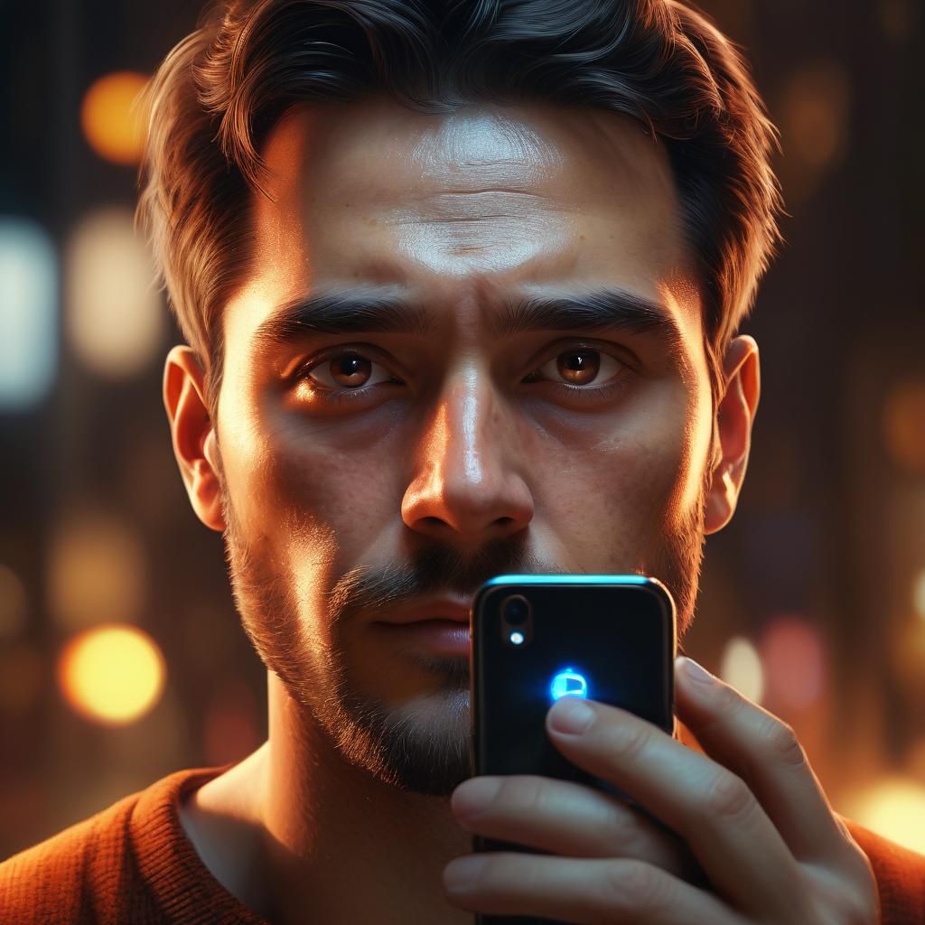 Person Gazing at Phone in Vibrant Digital Art