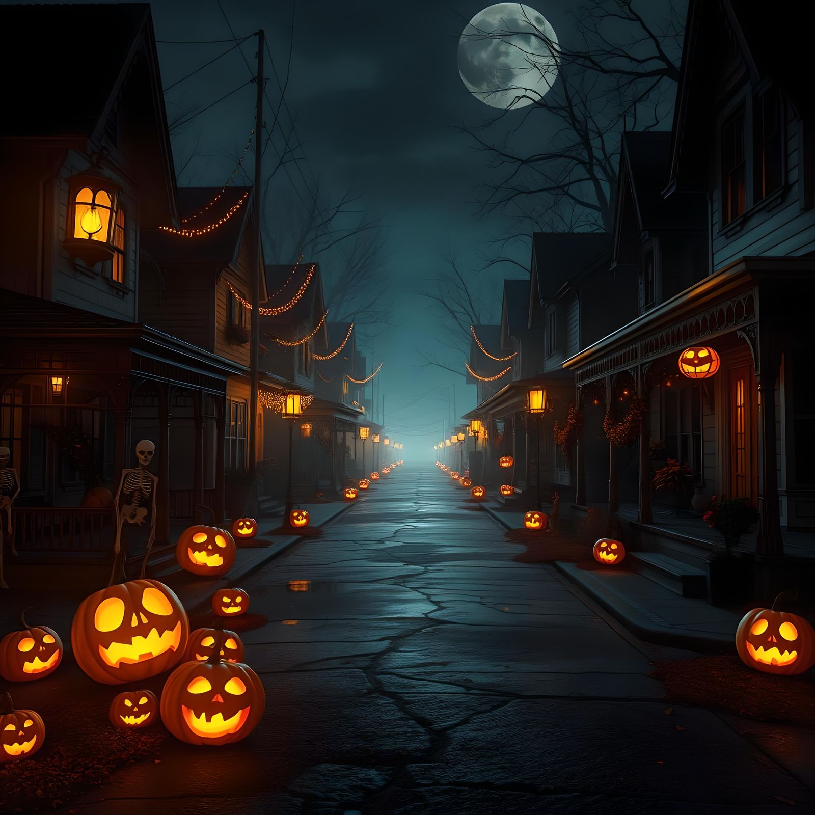 Eerie Halloween Night in Small Town: Fantasy Concept Art
