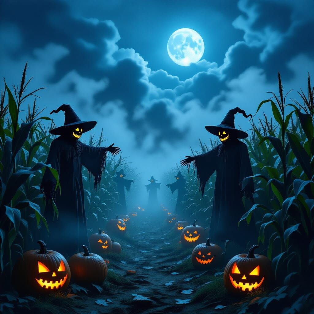 Halloween Corn Maze in Fog with Ominous Scarecrows