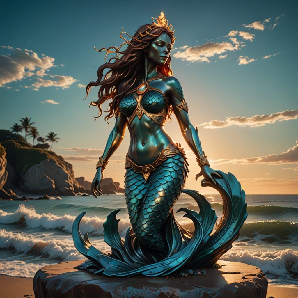 Ancient Cyborg Mermaid Statue in Dreamlike Oceanic Setting