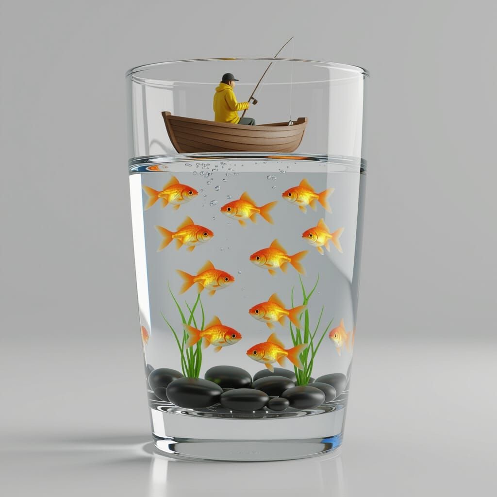 Hyper-Detailed 3D Glass Scene with Fisherman and Goldfish
