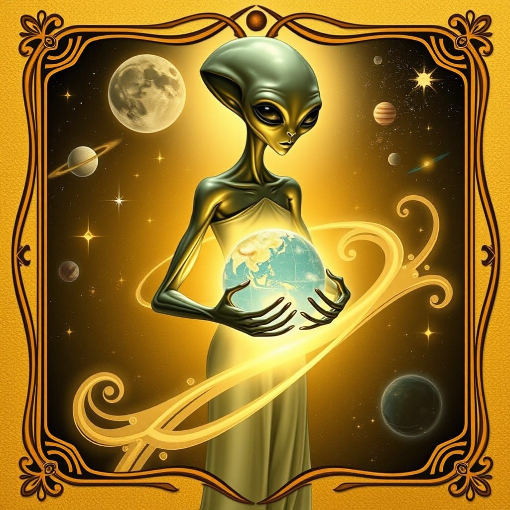 Ethereal Cosmic Guardian in Art Nouveau Style