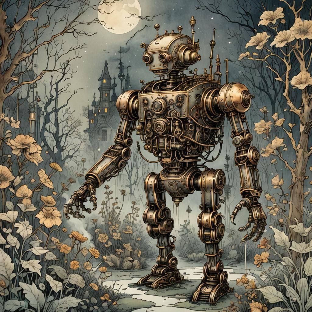 Steam-Powered Robot in Victorian Arthur Rackham Style