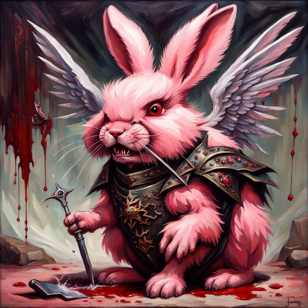Gothic Pink Rabbit with Razor Teeth, Oil Painting