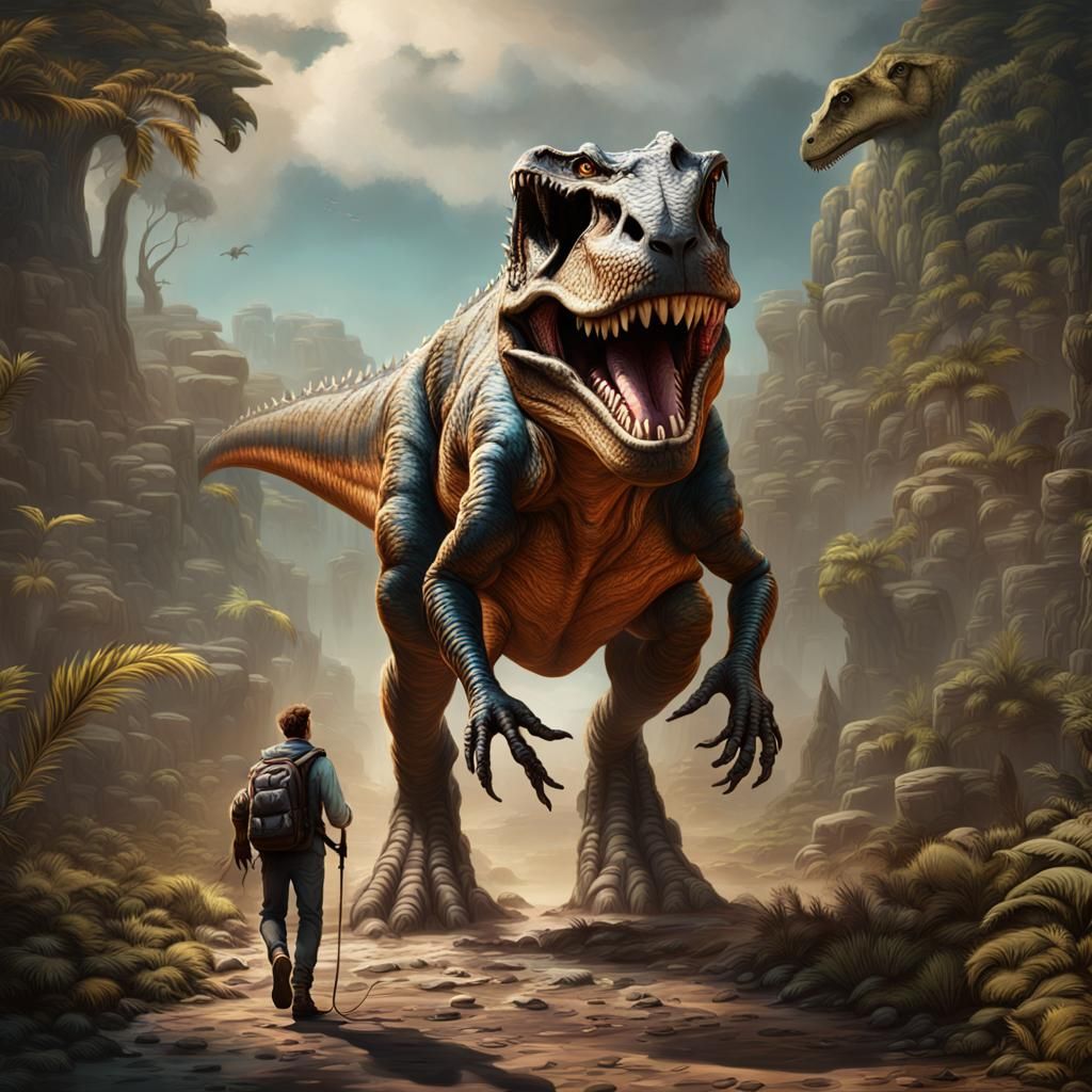 Man Walks a Fantastical T-Rex: Detailed Matte Painting