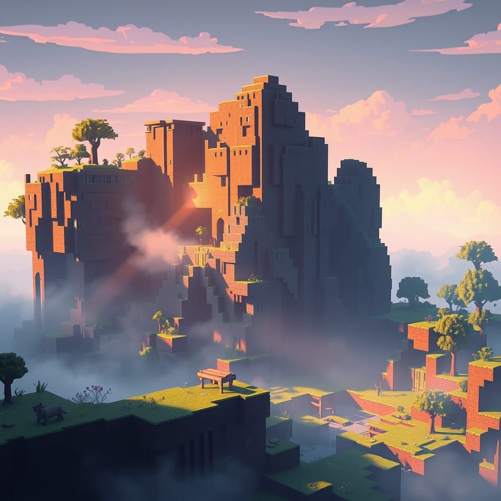 Blocky Pixel Art Landscape with Futuristic Atmosphere