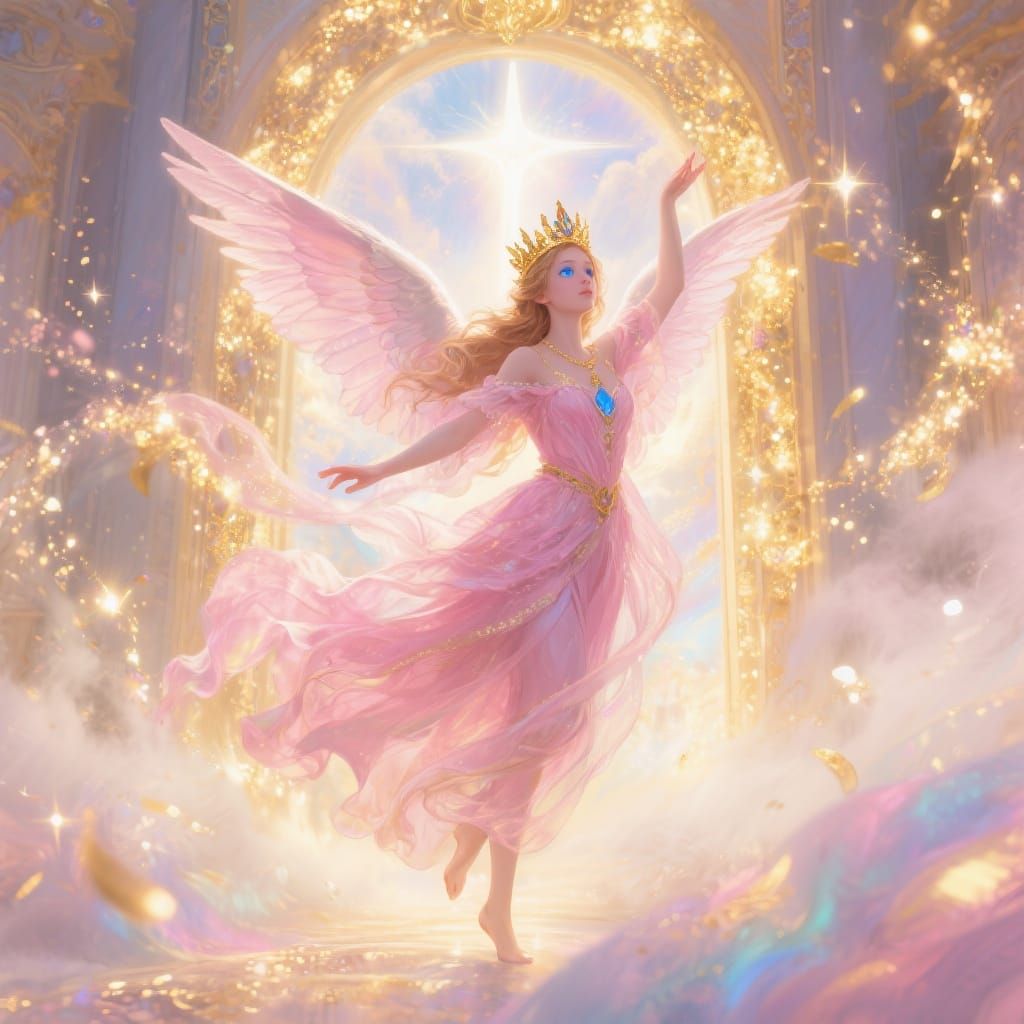 Angel Dancing in Heaven's Gate with Golden Effects