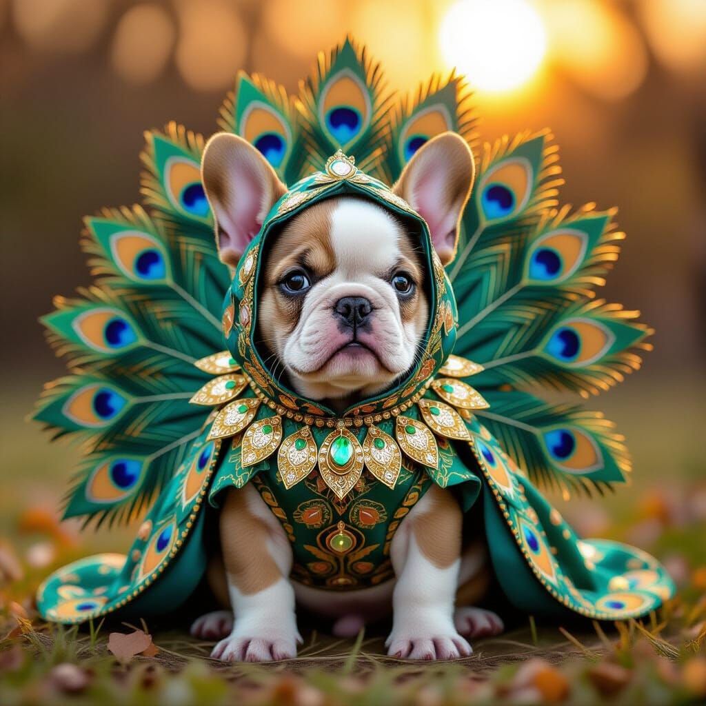Cute French Bulldog Puppy in Elaborate Peacock Costume