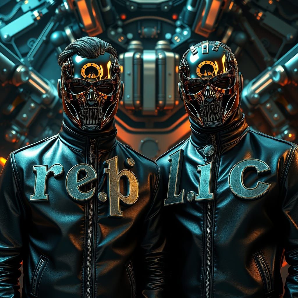 Mirror Masked Figures in Sci-Fi Synthwave Scene