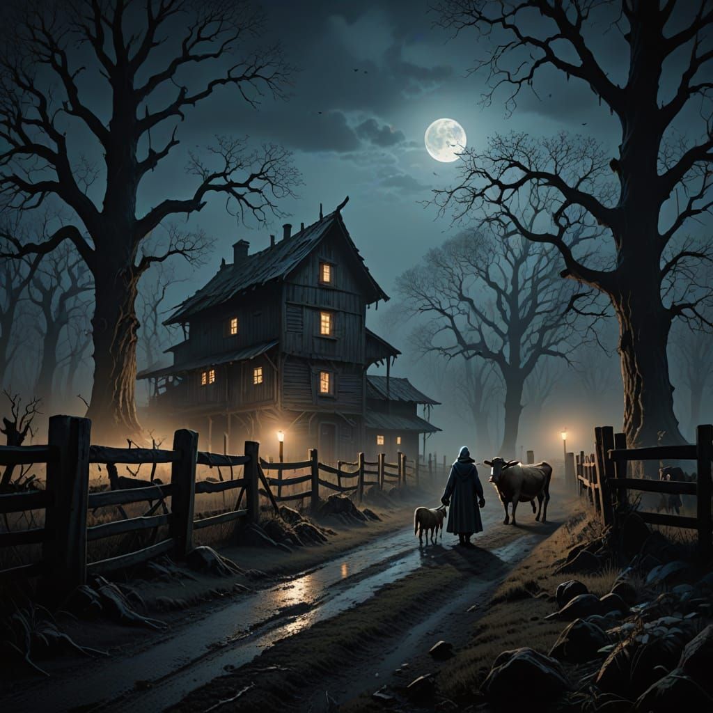 Duende Grandmother in a Mystical, Moonlit Farm Scene