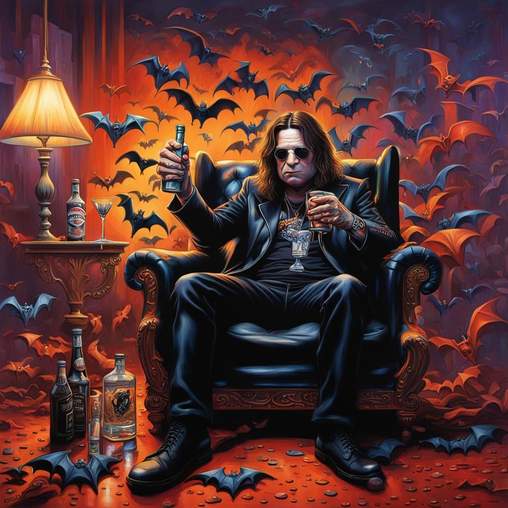 Ozzy Osbourne Relaxing with Bats: Hyperrealistic Art