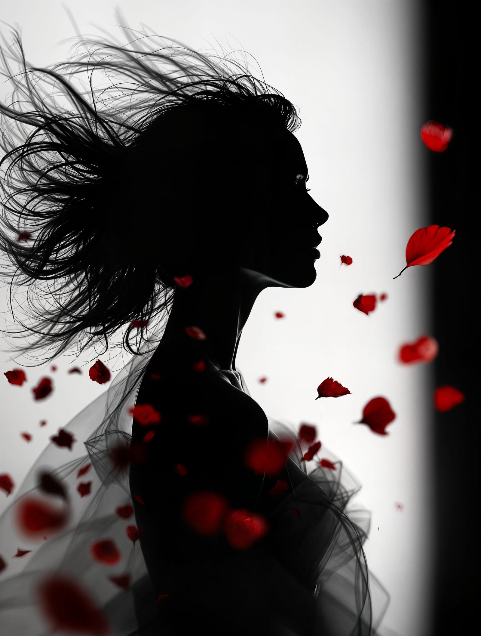 Ethereal Female Silhouette in Monochrome Hues with Red Petal...