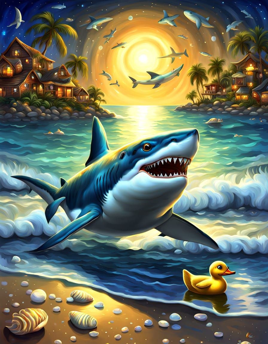 Shark in a Vibrant Beach Scene with a Happy Duck