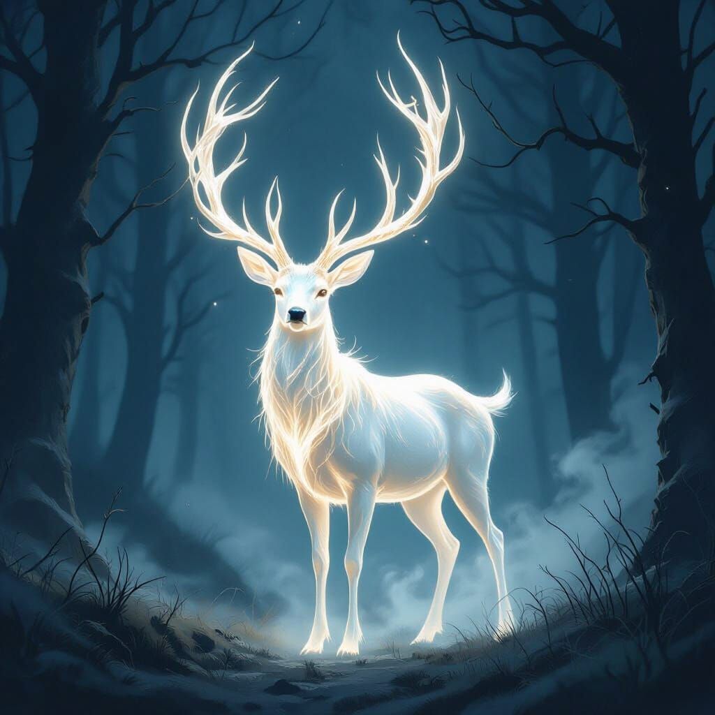 Ethereal Deer in Moonlit Forest Dark Fantasy