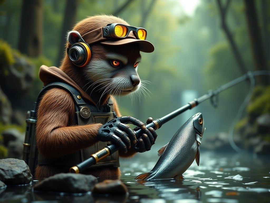Cybernetic Otter Fishing in a Hyper-Realistic Style