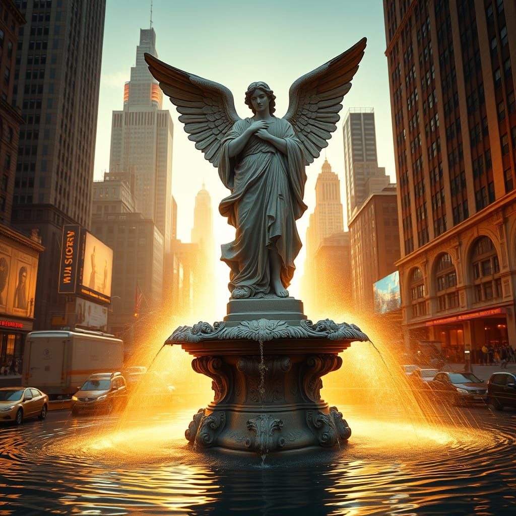 Angel Statue Fountain in New York City, Cinematic Lighting