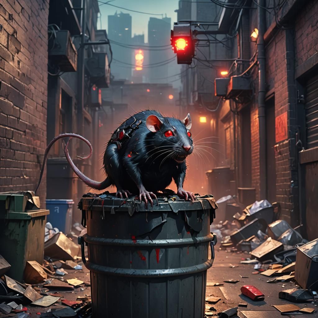 Menacing Cyborg Rat in Grimy Alleyway