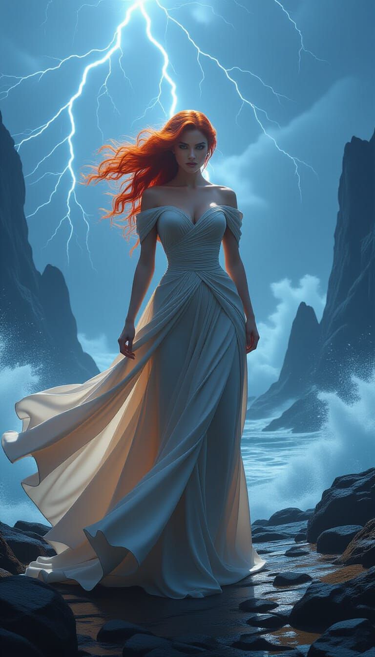 Defiant Red-Haired Woman in Stormy Landscape, Digital Art