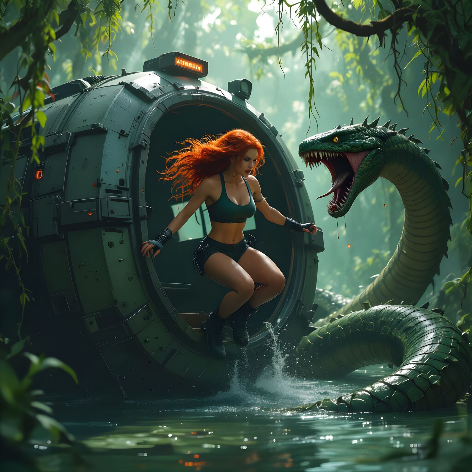 Action Scene: Woman Escapes Mech into Serpent's Jaws