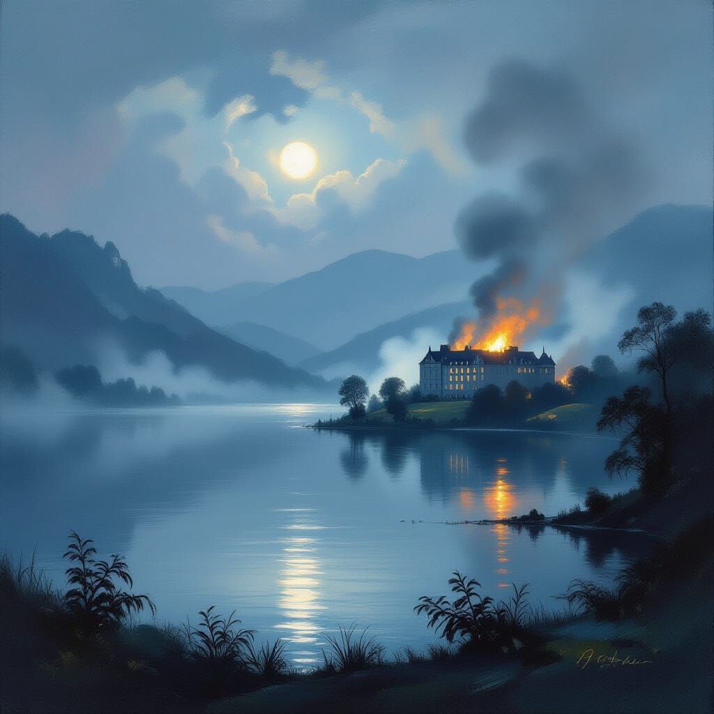 Burning Hotel on Misty Lake: Turner Style