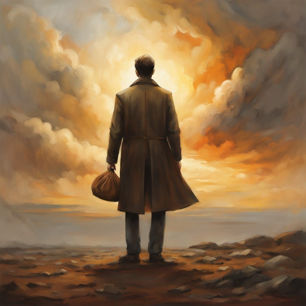 Defiant Man with Flag in Earth Tone Oil Painting