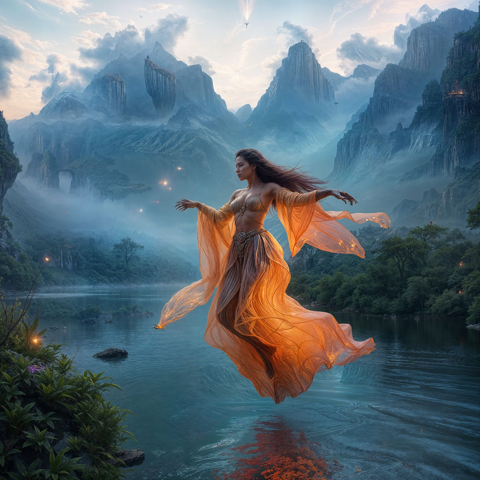 Fantastical Mountain River Spirit in Detailed Matte Painting