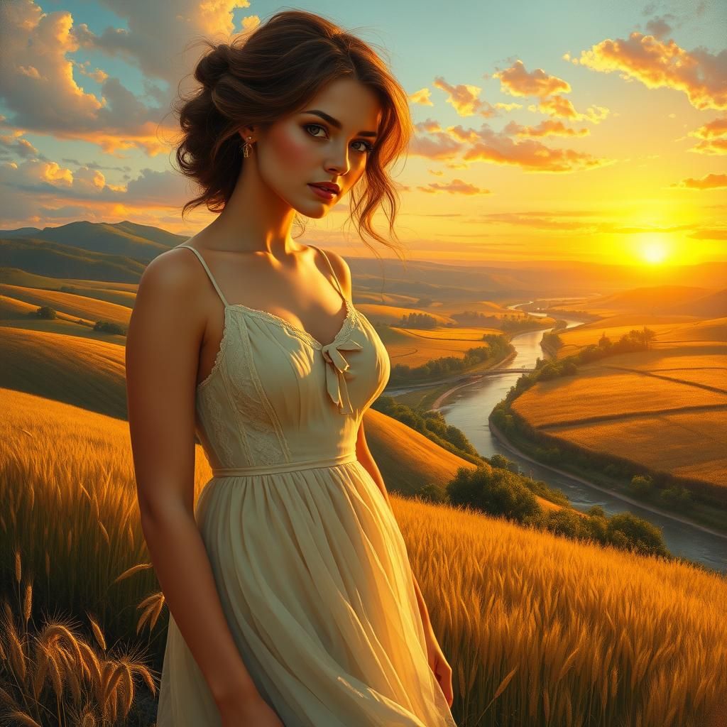Woman in Farmland at Sunset: A Realistic Masterpiece