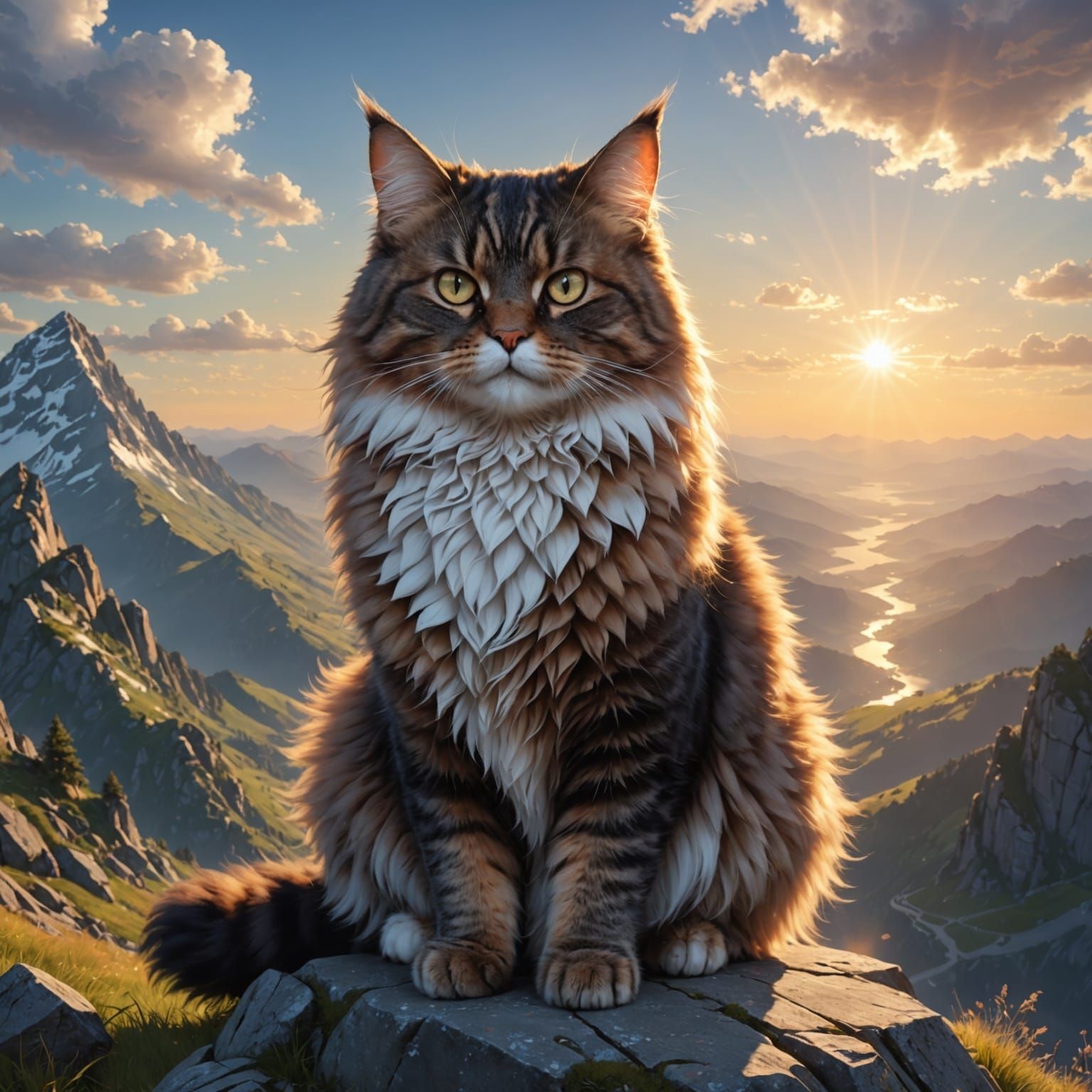 Majestic Maine Coon Cat Sunrise: 3D Anime Art