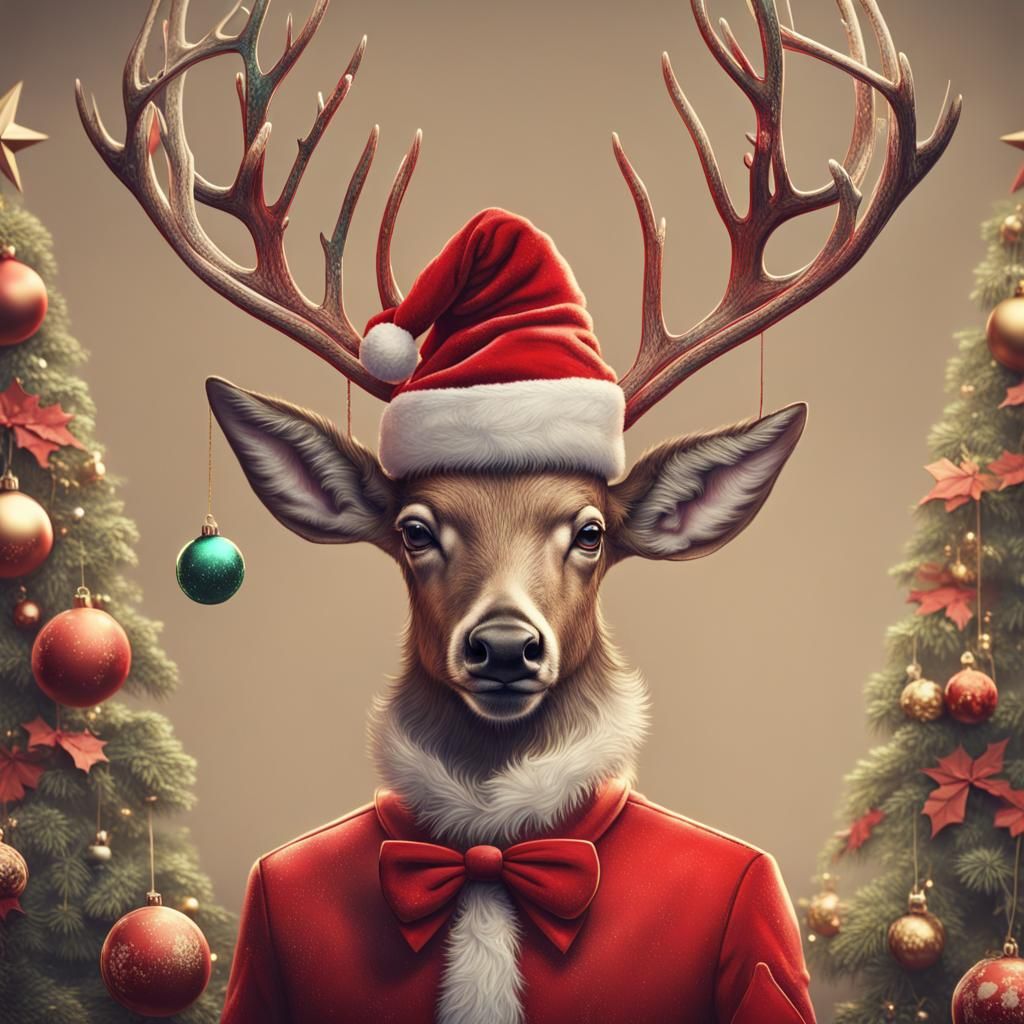 Retro Christmas Deer in Santa Suit Illustration