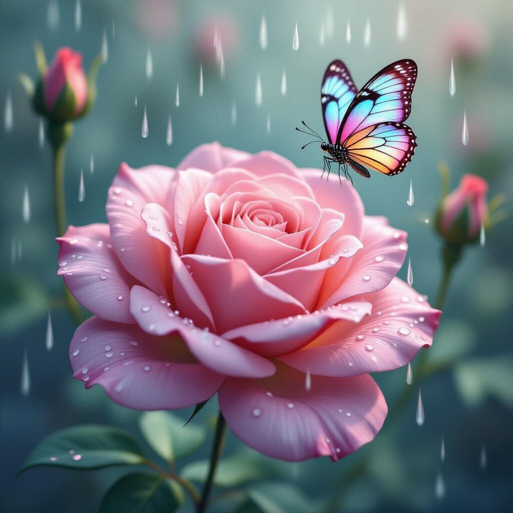 Giant Pink Rose with Butterfly in Whimsical Style