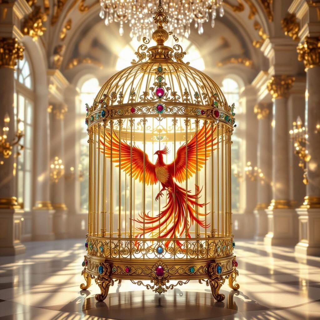 Majestic Phoenix in Ornate Golden Birdcage