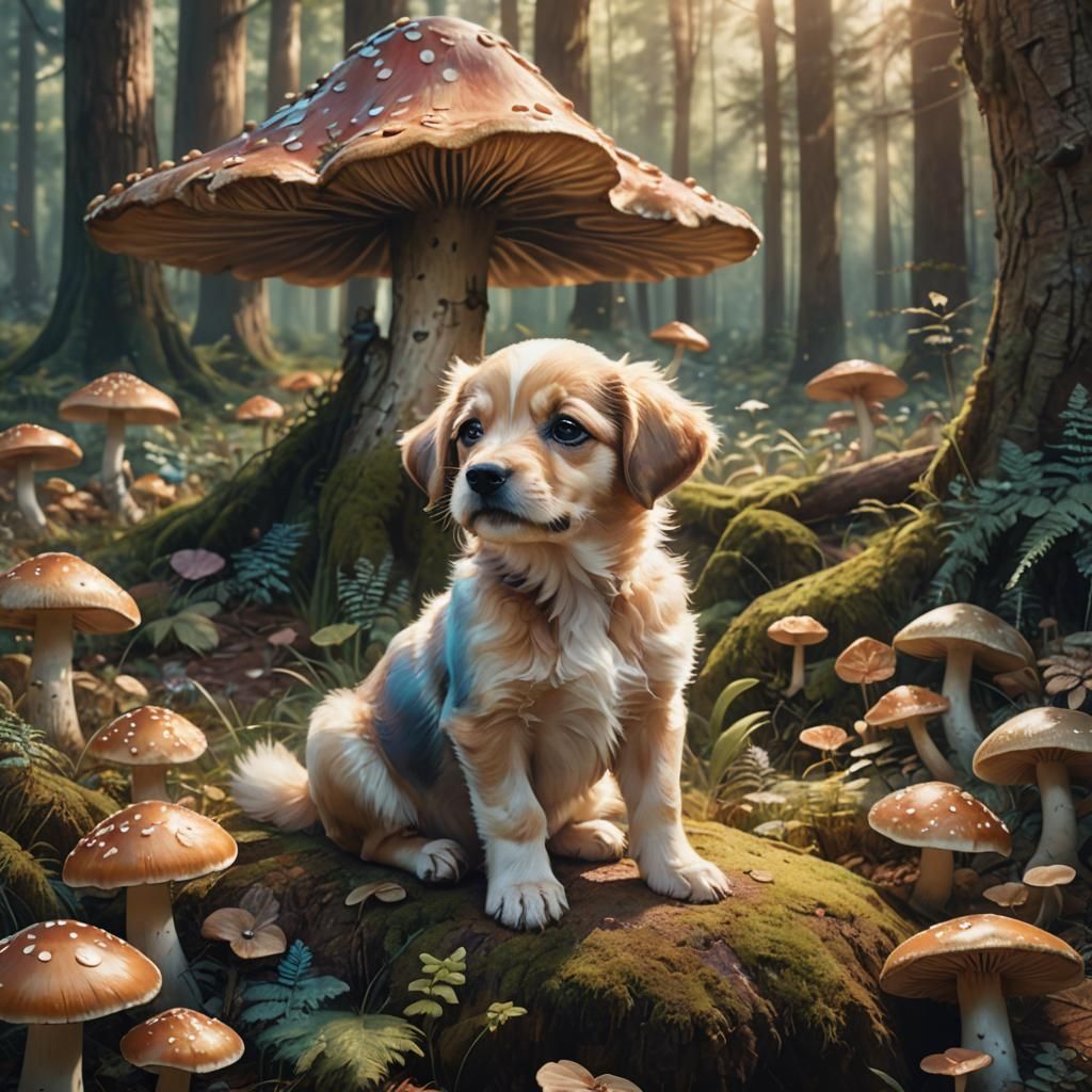 Puppy on Mushroom in Whimsical Forest, Fantasy Art