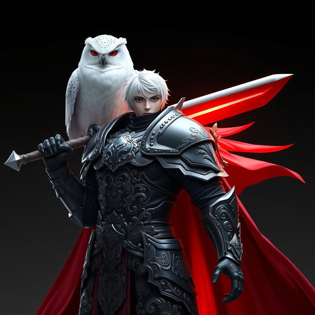 Anime Paladin with Glowing Sword and Snowy Owl