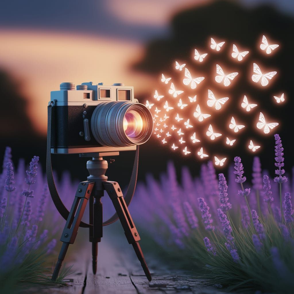 Magical Camera Unleashing Light Butterflies: Digital Art