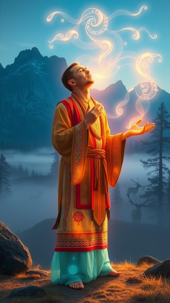 Ethereal Shaman in Blue-Gold Twilight of the Urals