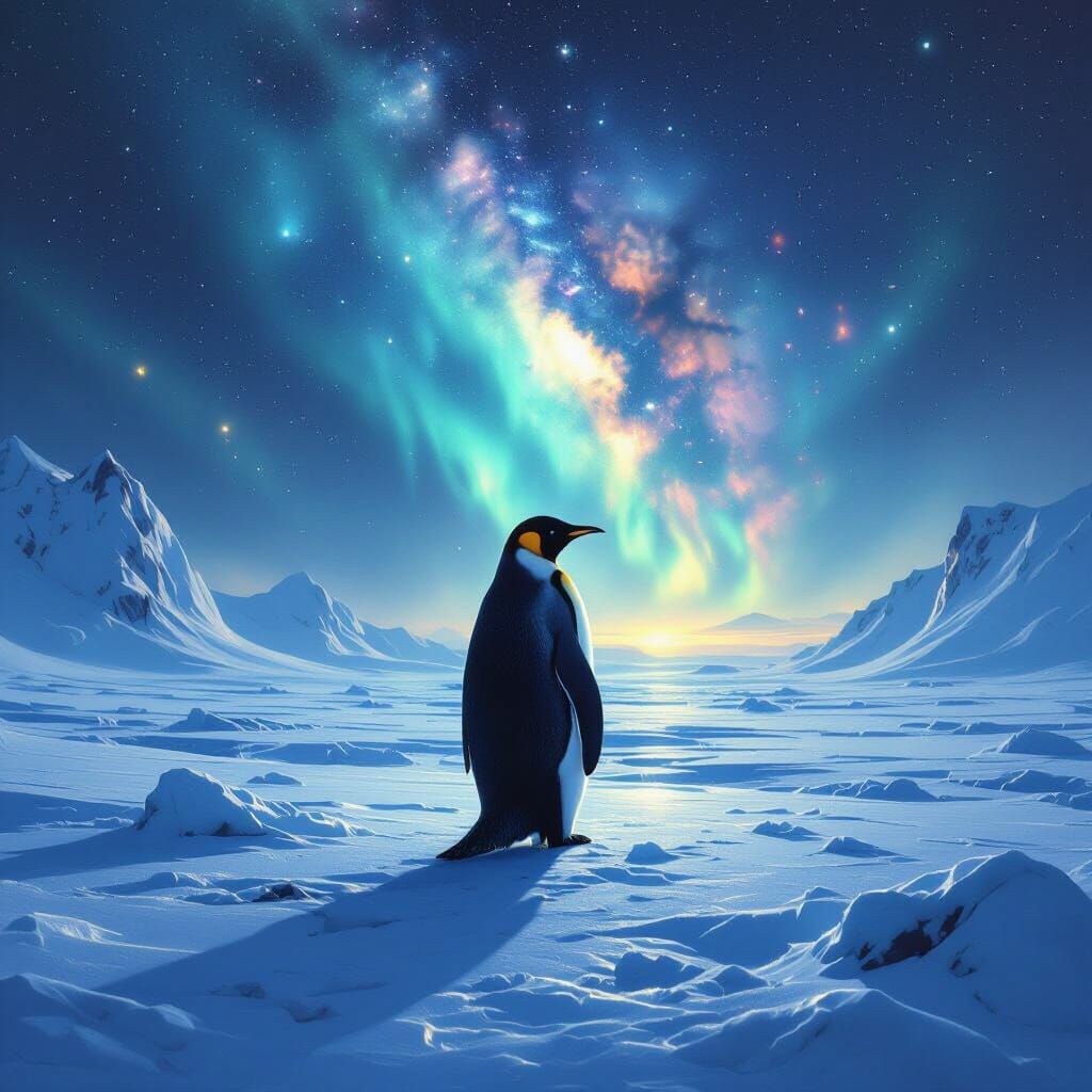 Emperor Penguin on Alien Planet Under Nebula Sky
