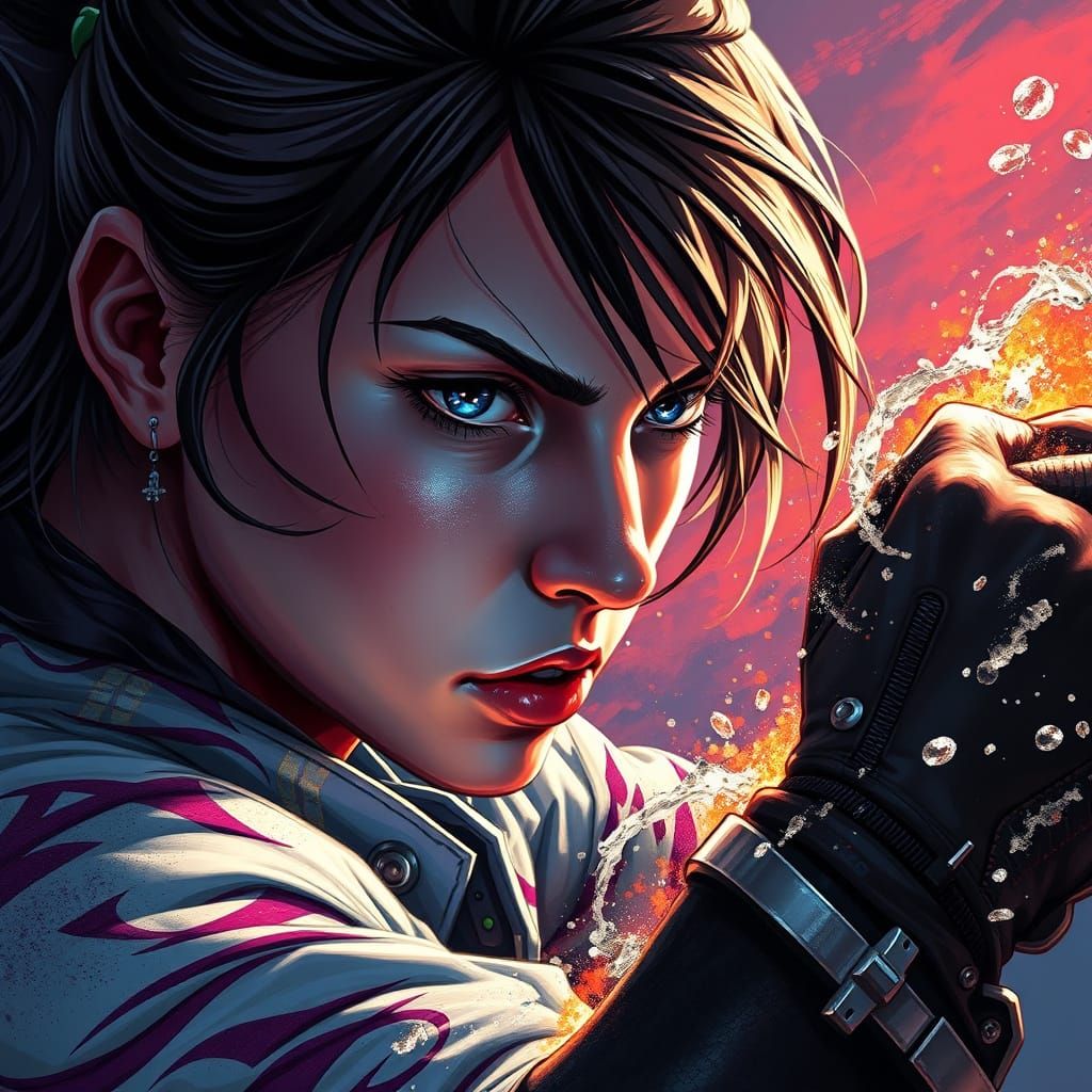 Hyperrealistic Female Fighter in Vibrant Splash Art