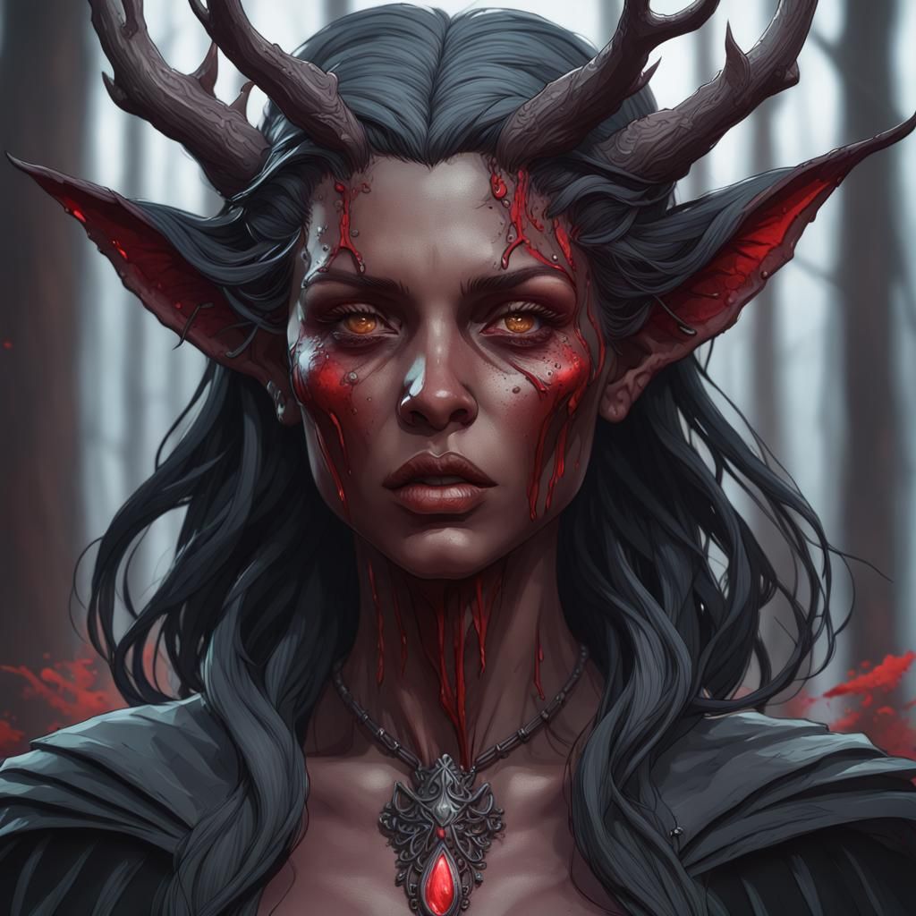 Hellish Dark Witch in Bloody Woods, Detailed Portrait