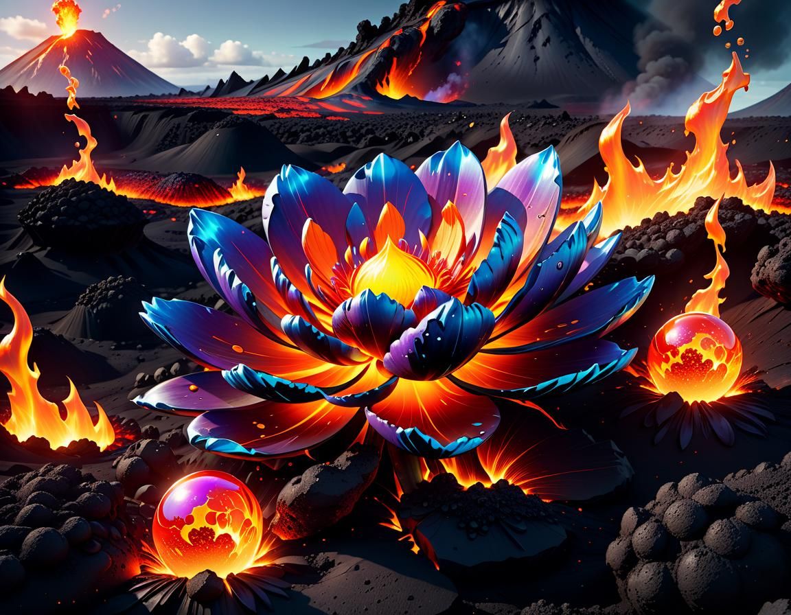 Volcanic Fire Flower Treasure with Floating Orbs