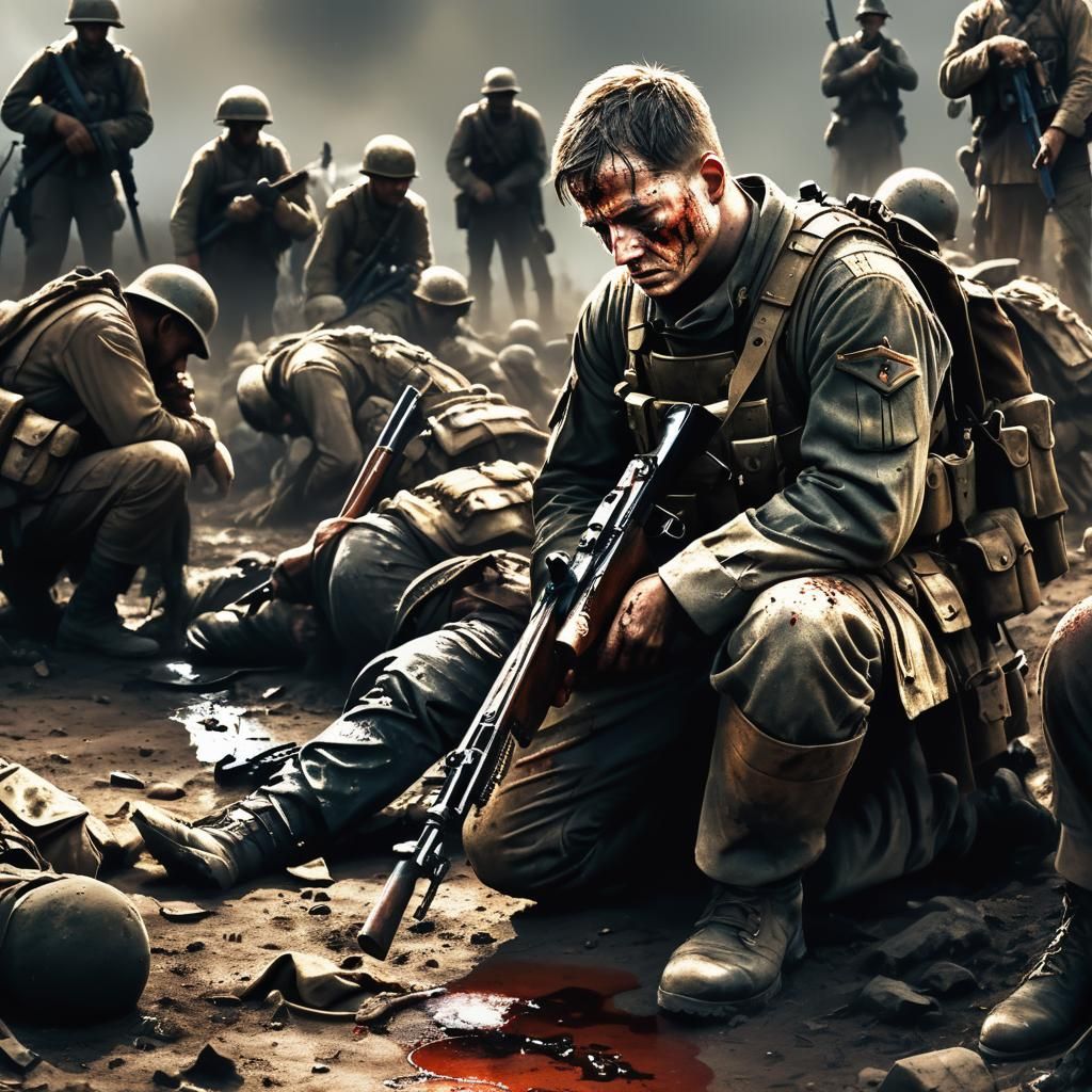 Grief-Stricken Soldier in Battlefield Cinematic Portrait
