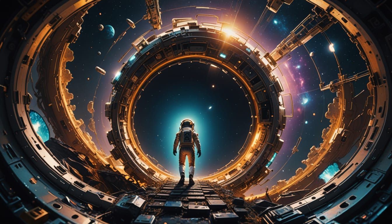 Shining Astronaut Embarks on Cosmic Journey in Vibrant Iride...