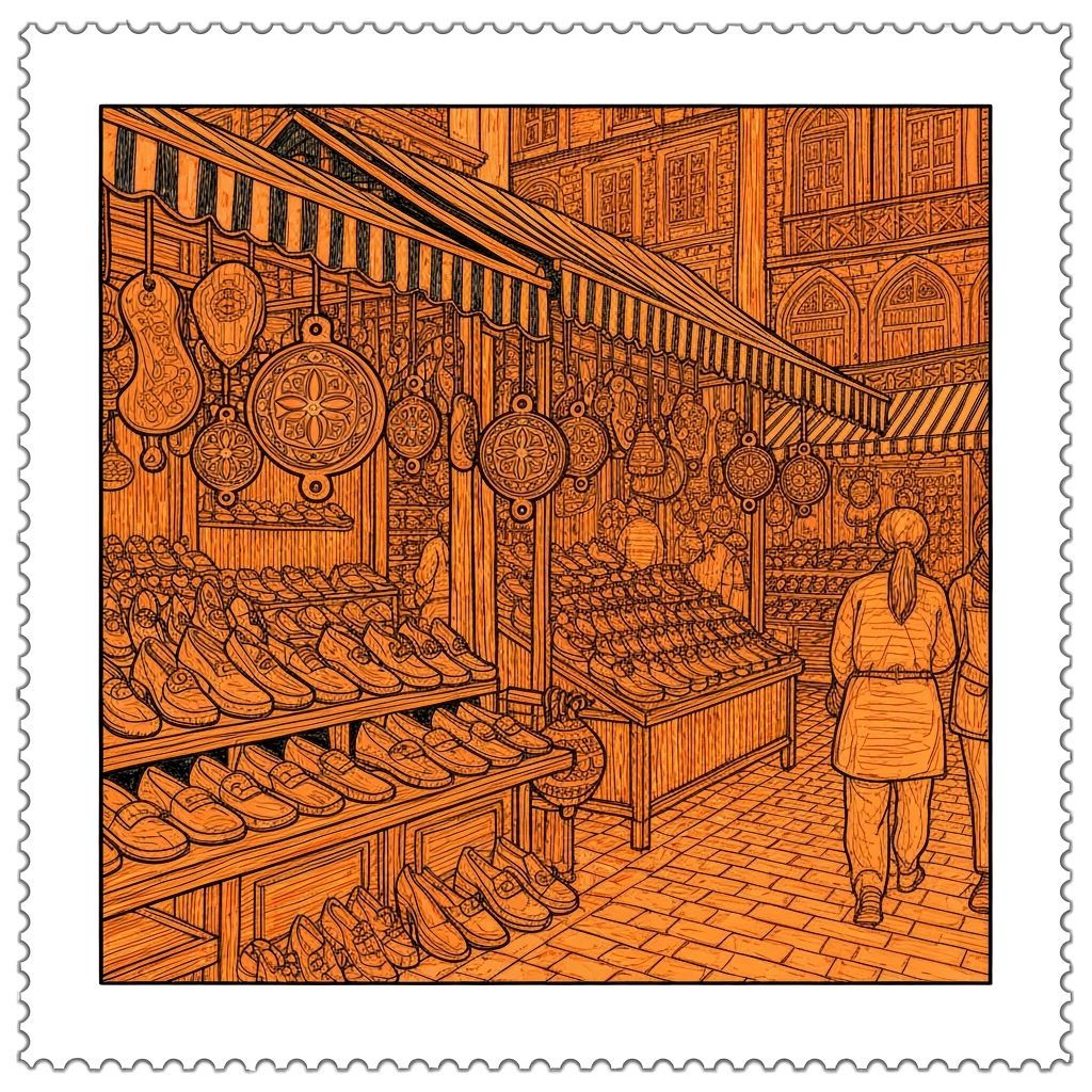 Shoe Market Postage Stamp in Vibrant Line Art