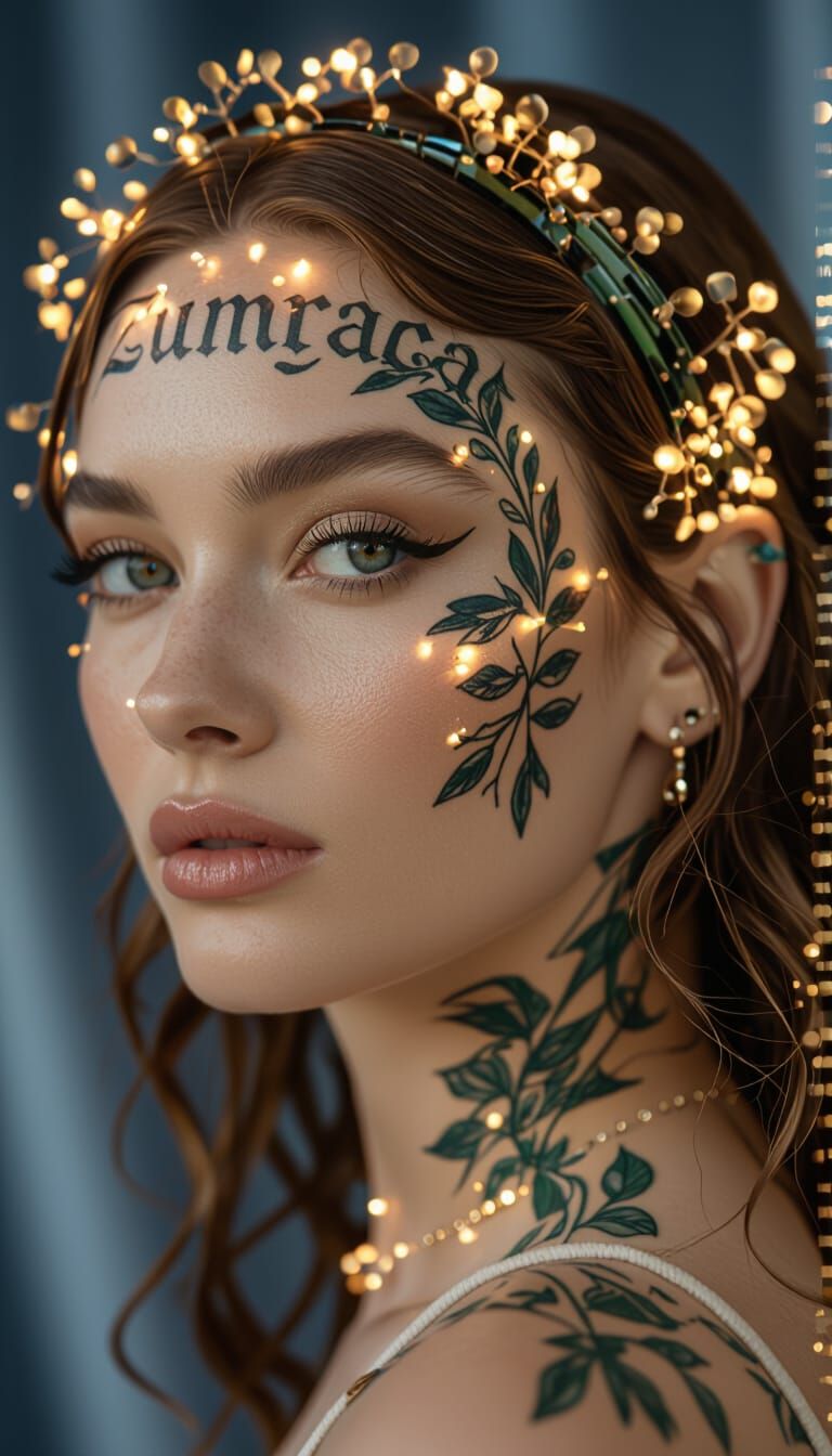 Woman with "Zumraca" Tattoo on Face, Cinematic Film Still