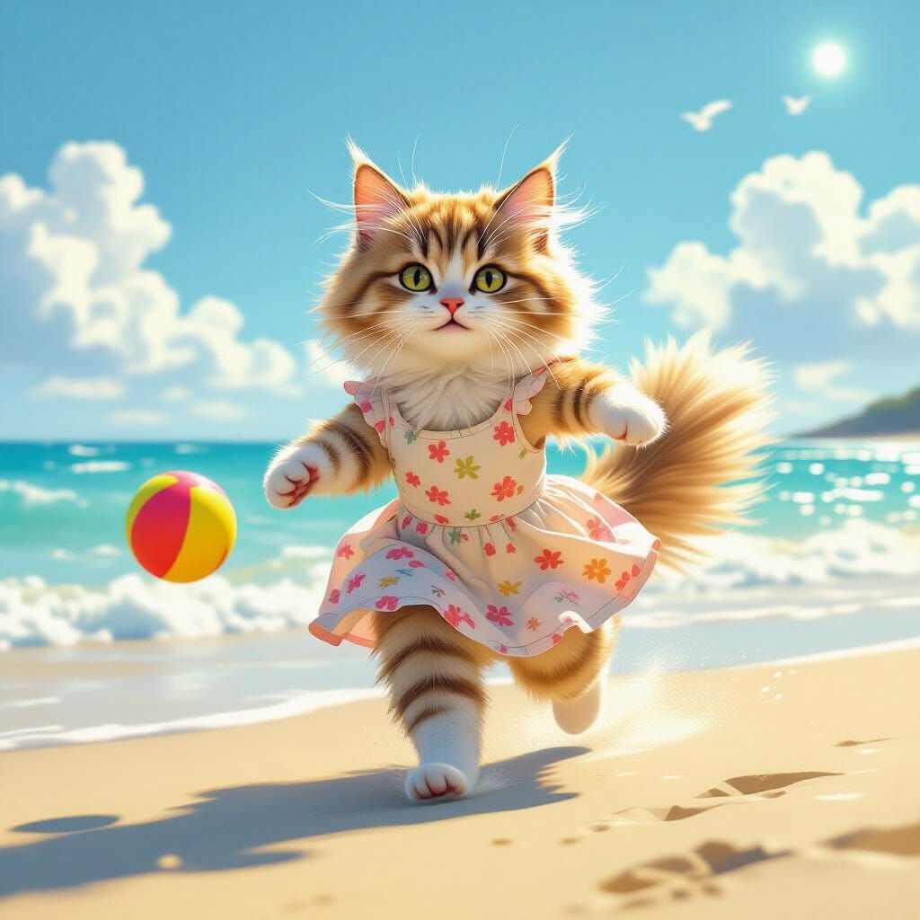 Fluffy Cat Chasing Ball on Sunny Beach in Photorealistic Sty...