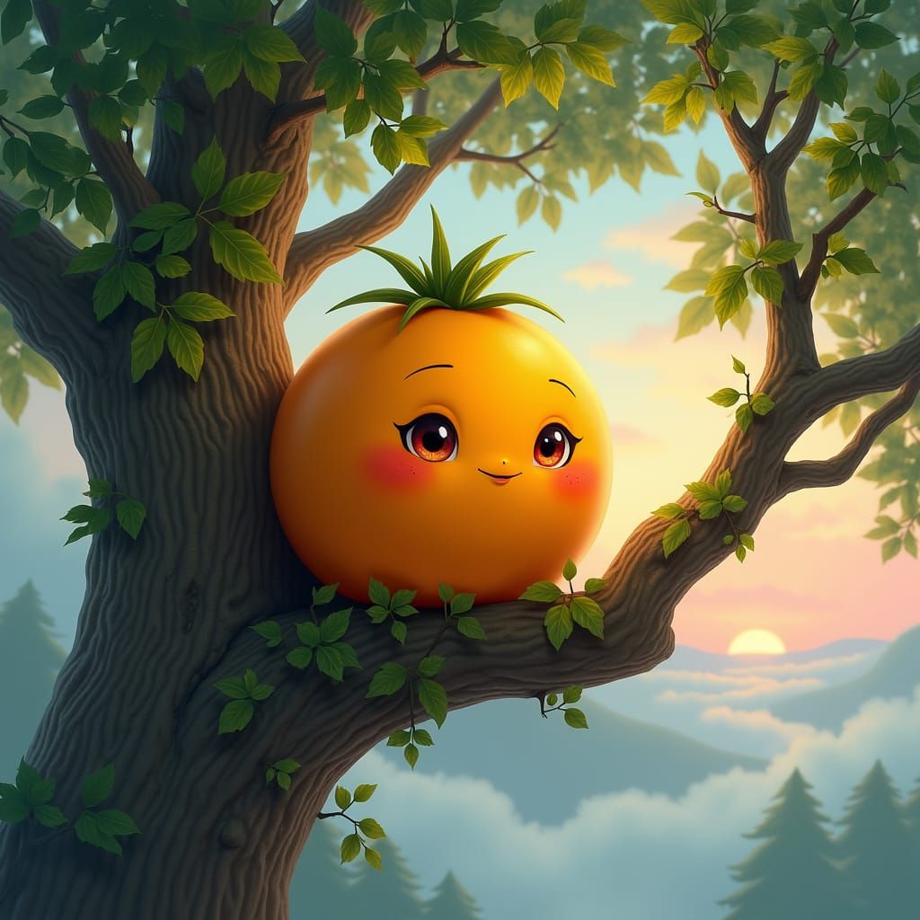 Whimsical Orange Character in Dreamy Landscape