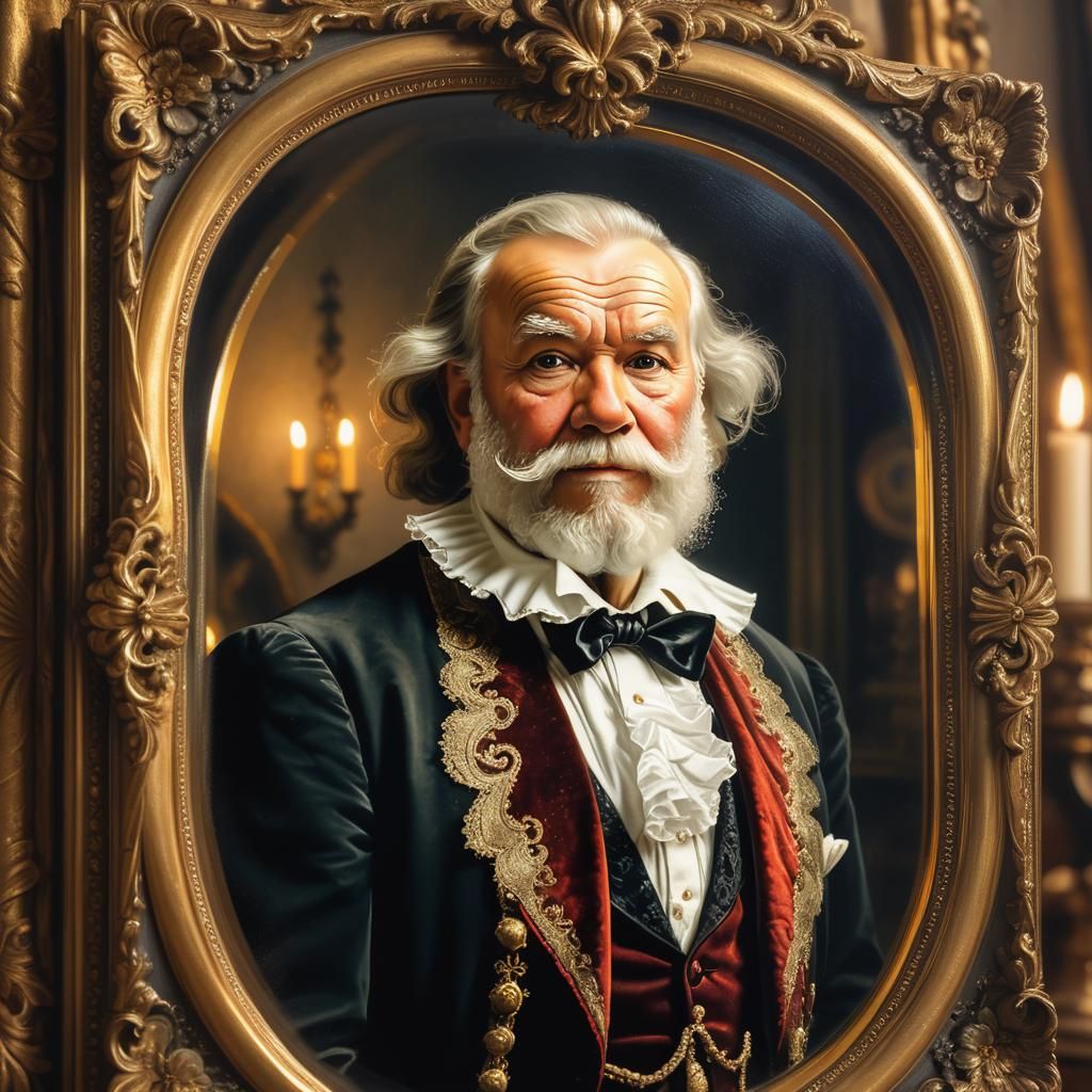 Baroque Gentleman in Luxurious Attire, Reflected in Ornate M...