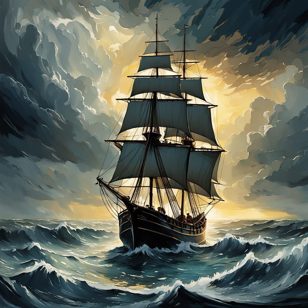 Dramatic Seascape of an Old Sailing Ship in Turbulent Stormy...