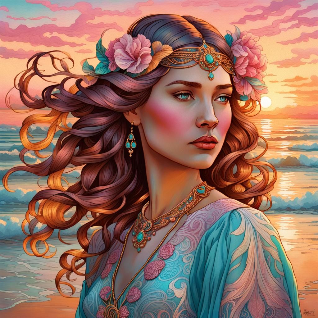 Stunning Woman Portrait on Beach in Art Nouveau Style