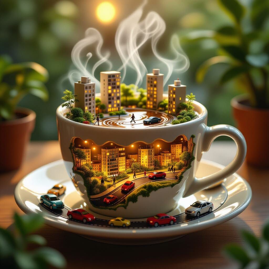 Steaming Coffee Cup with Miniature City Diorama
